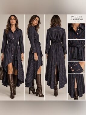 palmer//harding Printed Asymmetric Long Sleeve Shirt Dress Navy Orange  4/6